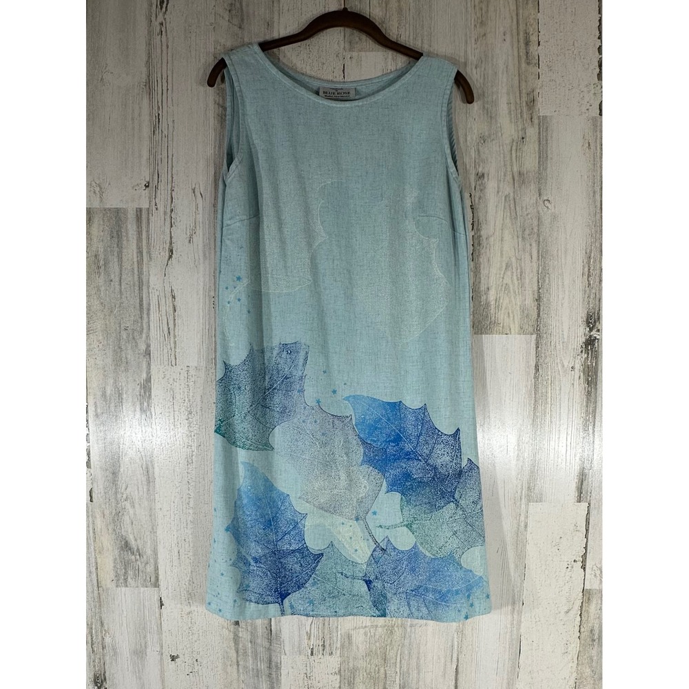 Blue‎ Rose Handmade Shift Dress Small Blue Leaf Print Vintage New Mexico Artisan